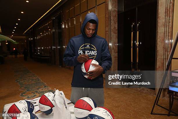 Buddy Hield of the New Orleans Pelicans signs during ball singings as part of the 2016 Global Games - China at the Ritz-Carlton on October 8, 2016 in...