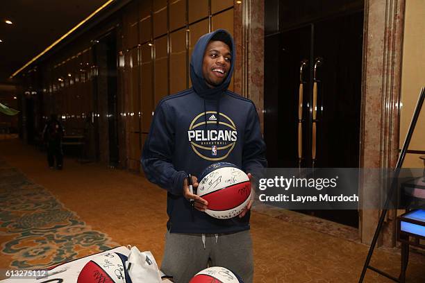 Buddy Hield of the New Orleans Pelicans signs during ball singings as part of the 2016 Global Games - China at the Ritz-Carlton on October 8, 2016 in...