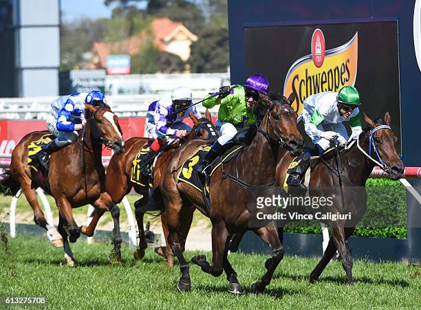 Kerrin McEvoy riding Global Glamour wins Race 7, Thousand Guineas during Caulfield Guineas Day at Caulfield Racecourse on October 8, 2016 in...