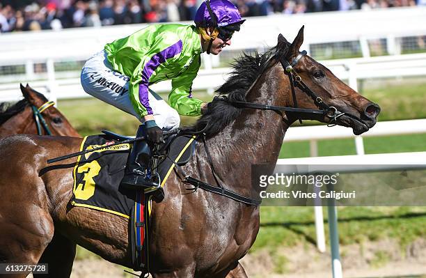 Kerrin McEvoy riding Global Glamour wins Race 7, Thousand Guineas during Caulfield Guineas Day at Caulfield Racecourse on October 8, 2016 in...