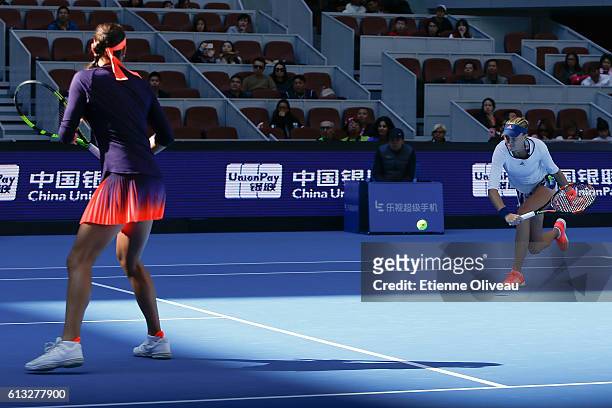 Caroline Garcia and Kristina Mladenovic of France return a shot against Hao-Ching Chan and Yung-Jan Chan of Chinese Taipei during the Women's Double...