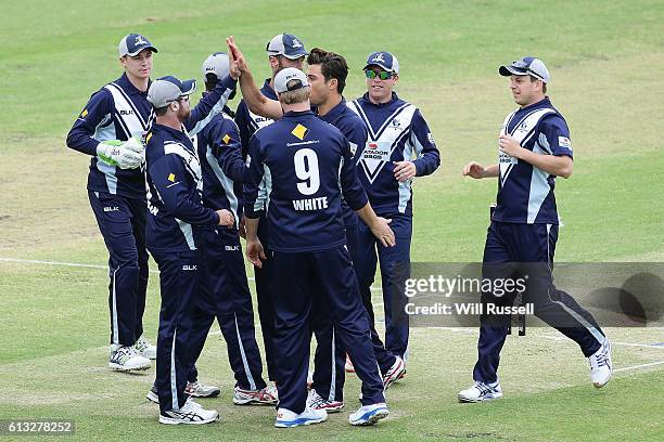 Marcus Stoinis of the Bushrangers celebrates the wicket of Shaun Marsh of the Warriors during the Matador BBQs One Day Cup match between Western...