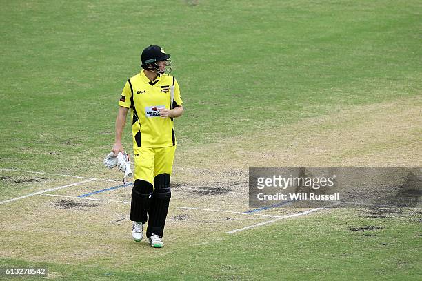 Adam Voges of the Warriors walks back to the rooms after being dismissed by Michael Beer of the Bushrangers during the Matador BBQs One Day Cup match...