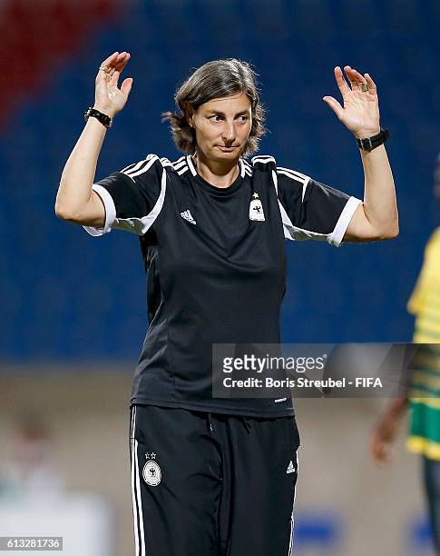 Head coach Anouschka Bernhard of Germany gestures during the FIFA U-17 Women's World Cup Group B match between Germany and Cameroon at Prince...