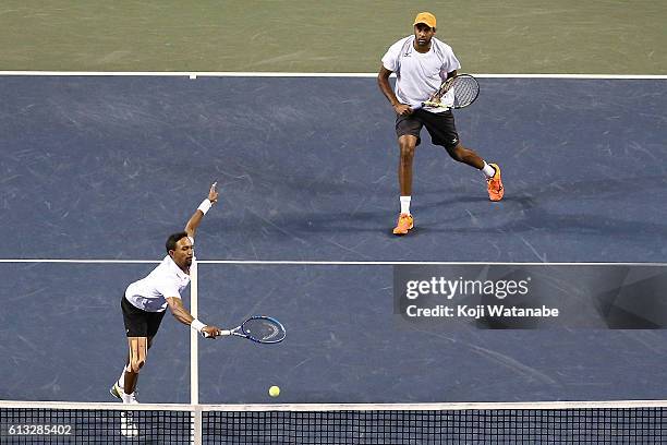 Raven Klaasen of South Africa and Rajeec Ram of United States in action during the men's doubles semifinal match against Aisam-Ul-Haq Qureshi of...