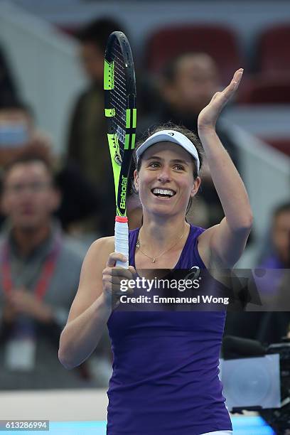 Johanna Konta of Great Britain celebrates after winning the Women's singles semifinals against Madison Keys of USA on day eight of the 2016 China...