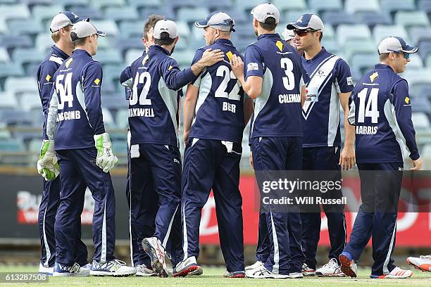 Michael Beer of the Bushrangers celebrates the wicket of Cameron Bancroft of the Warriors during the Matador BBQs One Day Cup match between Western...