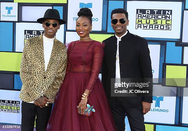 Recording artists Carlos Valencia, Gloria Martinez and Miguel Martinez of ChocQuibTown attend The 2016 Latin American Music Awards at Dolby Theatre...