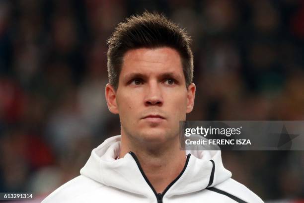 Hungary's player Richard Guzmics looks on prior to the World Cup 2018 football qualification match between Hungary and Switzerland at the Groupama...