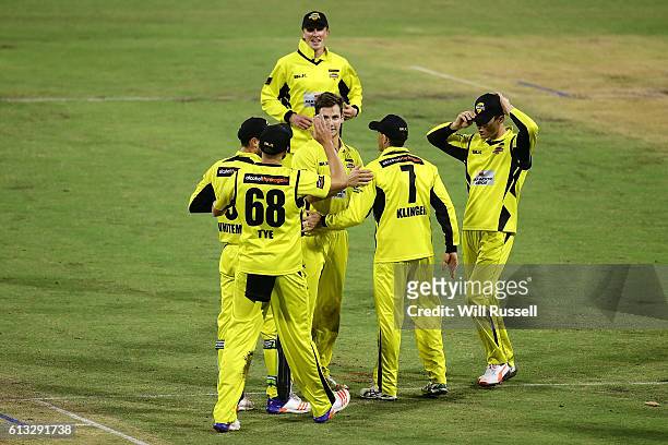 Hilton Cartwright of the Warriors celebrates the wicket of Marcus Stoinis of the Bushrangers during the Matador BBQs One Day Cup match between...