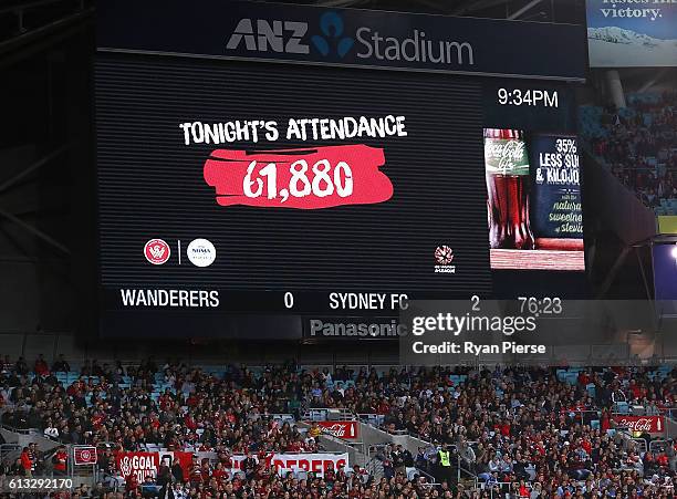 The attendance figure is shown during the round one A-League match between the Western Sydney Wanderers and Sydney FC at ANZ Stadium on October 8,...