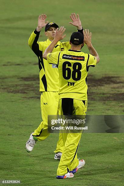 Andrew Tye of the Warriors celebrates the celebrate the wicket of Jon Holland of the Bushrangers during the Matador BBQs One Day Cup match between...