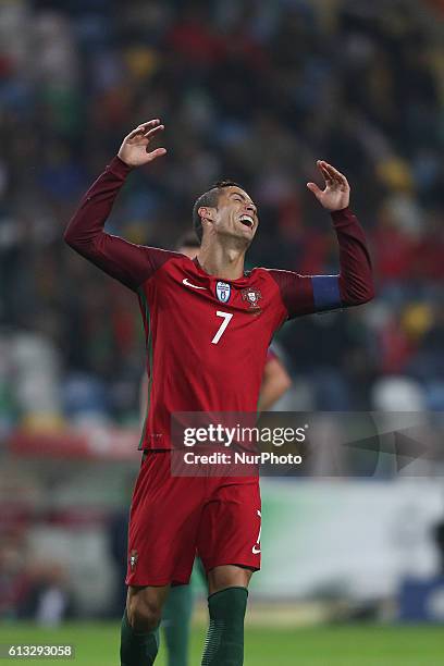 Cristiano Ronaldo of Portugal reacts during the 2018 FIFA World Cup Qualifiers matches between Portugal and Andorra in Municipal de Aveiro Stadium on...