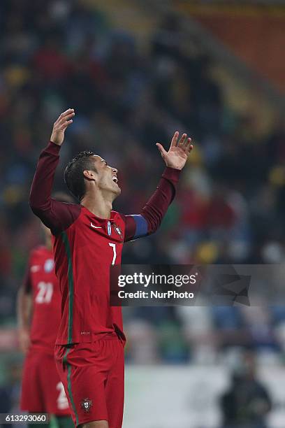 Cristiano Ronaldo of Portugal reacts during the 2018 FIFA World Cup Qualifiers matches between Portugal and Andorra in Municipal de Aveiro Stadium on...