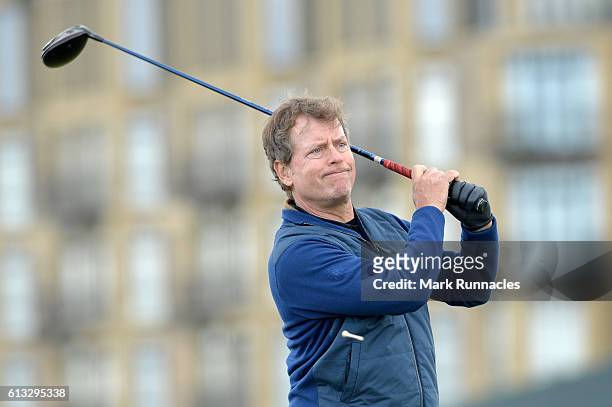 Greg Kinnear plays off the third tee during the third round of the Alfred Dunhill Links Championship at The Old Course on October 8, 2016 in St...