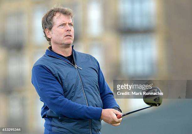 Greg Kinnear plays off the third tee during the third round of the Alfred Dunhill Links Championship at The Old Course on October 8, 2016 in St...