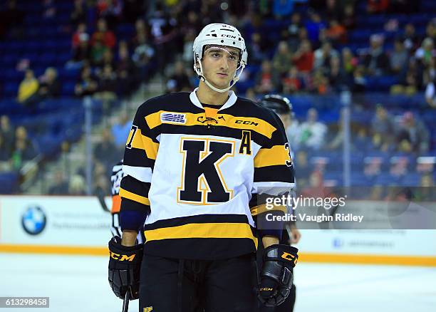 Stephen Desrocher of the Kingston Frontenacs skates during an OHL game against the Niagara IceDogs at the Meridian Centre on September 30, 2016 in St...