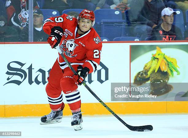 Liam Hamm of the Niagara IceDogs passes the puck during an OHL game against the Kingston Frontenacs at the Meridian Centre on September 30, 2016 in...