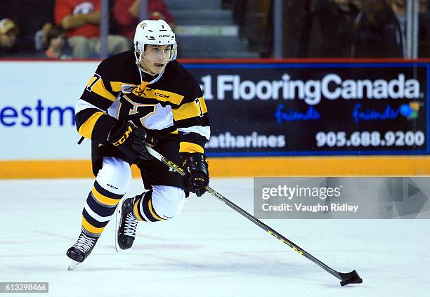 Nathan Billitier of the Kingston Frontenacs skates with the puck during an OHL game against the Niagara IceDogs at the Meridian Centre on September...