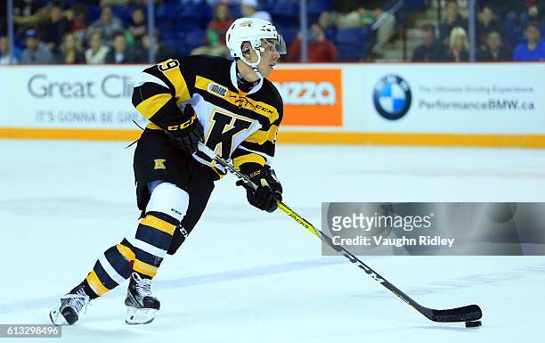 Nathan Dunkley of the Kingston Frontenacs skates with the puck during an OHL game against the Niagara IceDogs at the Meridian Centre on September 30,...