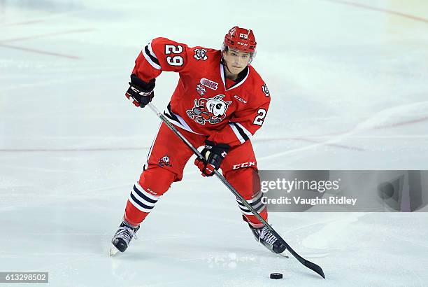 Liam Hamm of the Niagara IceDogs passes the puck during an OHL game against the Kingston Frontenacs at the Meridian Centre on September 30, 2016 in...