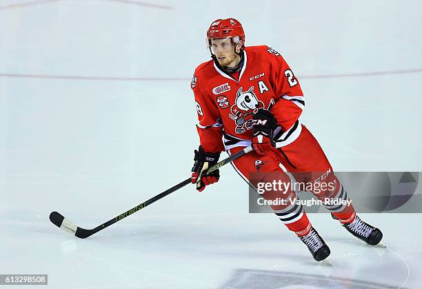 Aaron Haydon of the Niagara IceDogs skates during an OHL game against the Kingston Frontenacs at the Meridian Centre on September 30, 2016 in St...