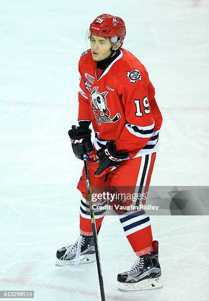 Pavel Demin of the Niagara IceDogs skates during an OHL game against the Kingston Frontenacs at the Meridian Centre on September 30, 2016 in St...