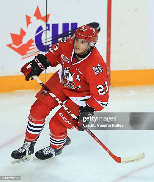 Johnny Corneil of the Niagara IceDogs skates during an OHL game against the Kingston Frontenacs at the Meridian Centre on September 30, 2016 in St...