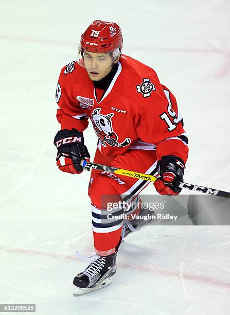 Pavel Demin of the Niagara IceDogs skates during an OHL game against the Kingston Frontenacs at the Meridian Centre on September 30, 2016 in St...