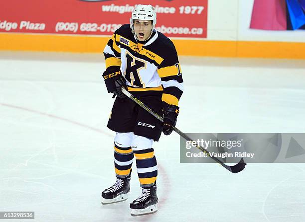 Nathan Billitier of the Kingston Frontenacs gestures to teammates during an OHL game against the Niagara IceDogs at the Meridian Centre on September...