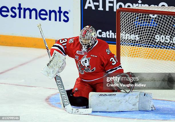 Stephen Dhillon of the Niagara IceDogs watches for the puck during an OHL game against the Kingston Frontenacs at the Meridian Centre on September...