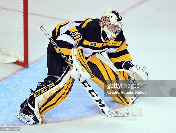 Jeremy Helvig of the Kingston Frontenacs watches the puck during an OHL game against the Niagara IceDogs at the Meridian Centre on September 30, 2016...