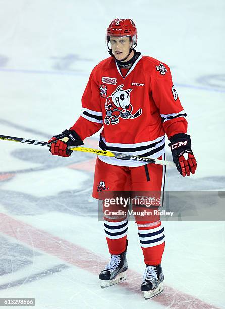 Hayden Davis of the Niagara IceDogs skates during an OHL game against the Kingston Frontenacs at the Meridian Centre on September 30, 2016 in St...