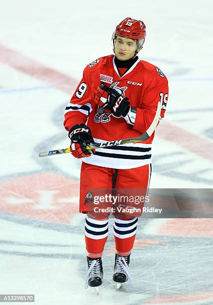 Pavel Demin of the Niagara IceDogs skates during an OHL game against the Kingston Frontenacs at the Meridian Centre on September 30, 2016 in St...