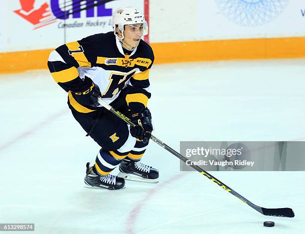 Nathan Billitier of the Kingston Frontenacs skates with the puck during an OHL game against the Niagara IceDogs at the Meridian Centre on September...