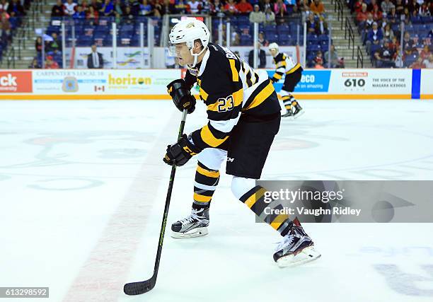 Tyler Burnie of the Kingston Frontenacs skates during an OHL game against the Niagara IceDogs at the Meridian Centre on September 30, 2016 in St...