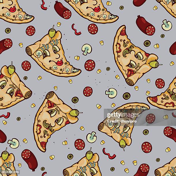 humanisierte süße scheiben pizza. nahtloser hintergrund - bohnenkraut stock-grafiken, -clipart, -cartoons und -symbole