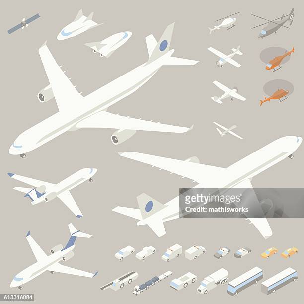 isometric airplanes and flying vehicles - bus isometric stock illustrations