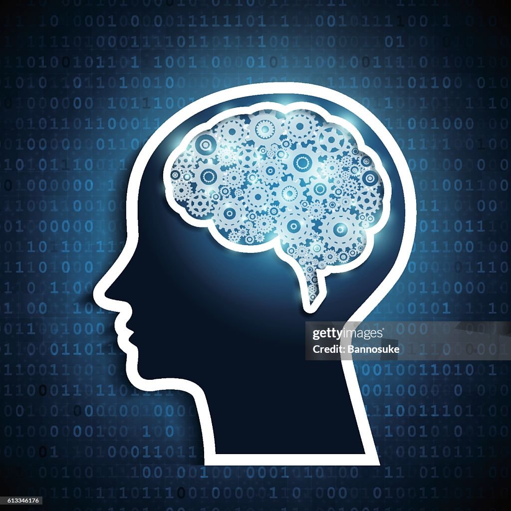 Human Brain With Set Of Gears On Matrix Number Background High-Res ...