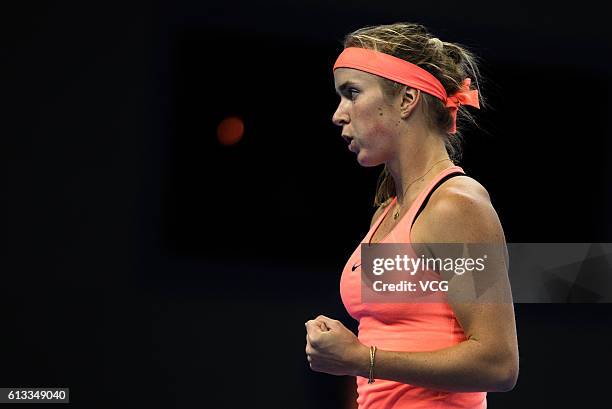 Elina Svitolina of Ukraine celebrates a point against Agnieszka Radwanska of Poland during the Women's singles semifinals on day eight of the 2016...