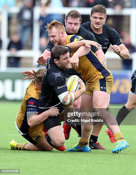 Mark Wilson of Newcastle Falcons tackled by Jordan Crane and Will Hurrell of Bristol Rugby during the Aviva Premiership match between Newcastle...