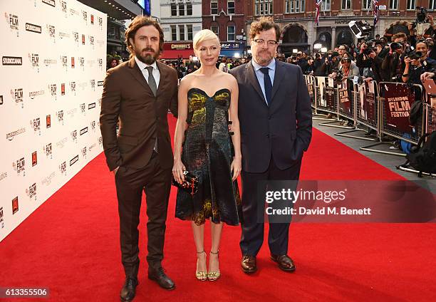 Casey Affleck, Michelle Williams and Kenneth Lonergan attend the 'Manchester By The Sea' International Premiere screening during the 60th BFI London...