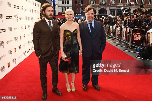 Casey Affleck, Michelle Williams and Kenneth Lonergan attend the 'Manchester By The Sea' International Premiere screening during the 60th BFI London...