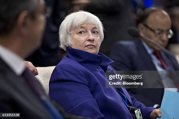 Janet Yellen, chair of the U.S. Federal Reserve, attends an International Monetary Fund Committee governors plenary session at the International...