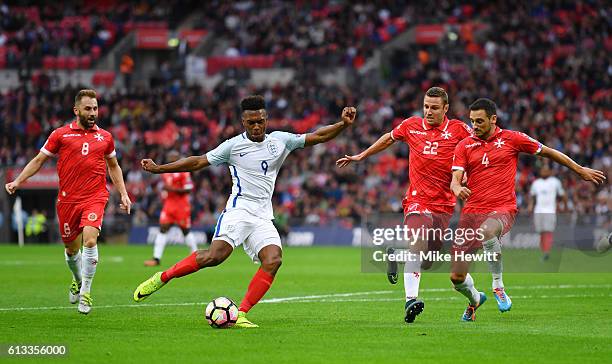 Daniel Sturridge of England shoots on goal during the FIFA 2018 World Cup Qualifier Group F match between England and Malta at Wembley Stadium on...