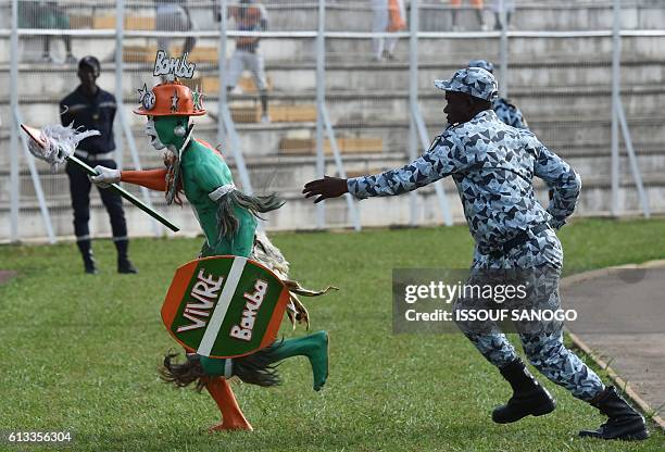 An Ivory Coast supporter with his body painted in the colors of the national flag is chased by a police officer after running onto the pitch ahead of...
