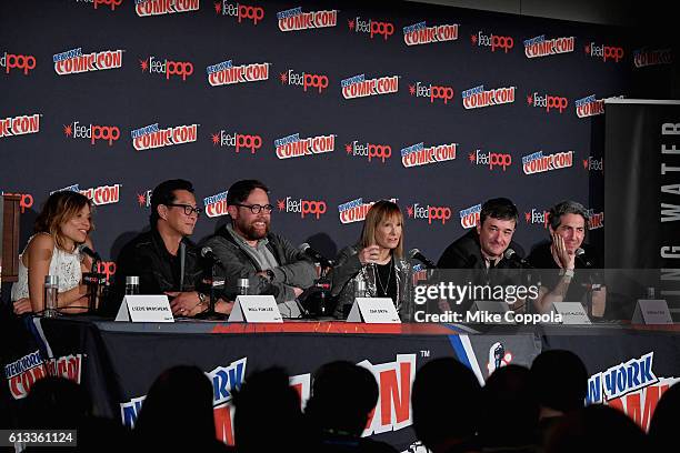Lizzie Brochere, Will Yun Lee, Zak Orth, Gale Anne Hurd, and Blake Masters attend The USA Falling Water panel photo op during the 2016 New York Comic...