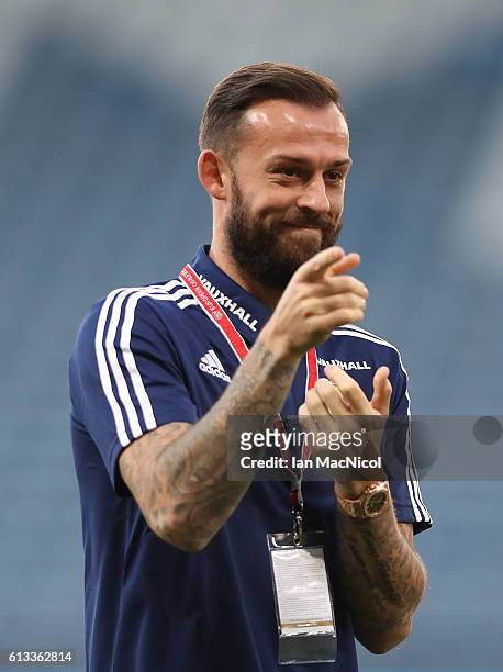 Steven Fletcher of Scotland is seen prior to the FIFA 2018 World Cup Qualifier between Scotland and Lithuania at Hampden Park on October 8, 2016 in...