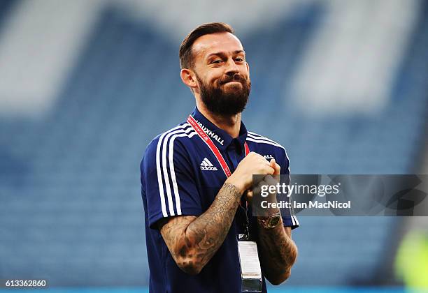 Steven Fletcher of Scotland is seen prior to the FIFA 2018 World Cup Qualifier between Scotland and Lithuania at Hampden Park on October 8, 2016 in...