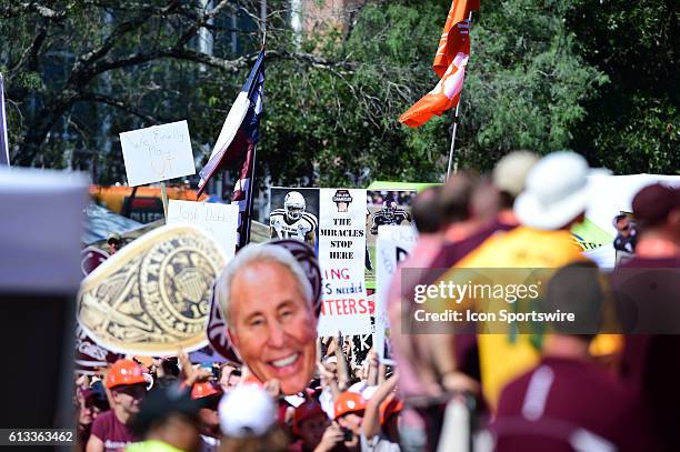 Aggie fans and signage on hand for ESPN's College Game Day before the Tennessee Volunteers vs Texas A&M Aggies game at Kyle Field, College Station,...